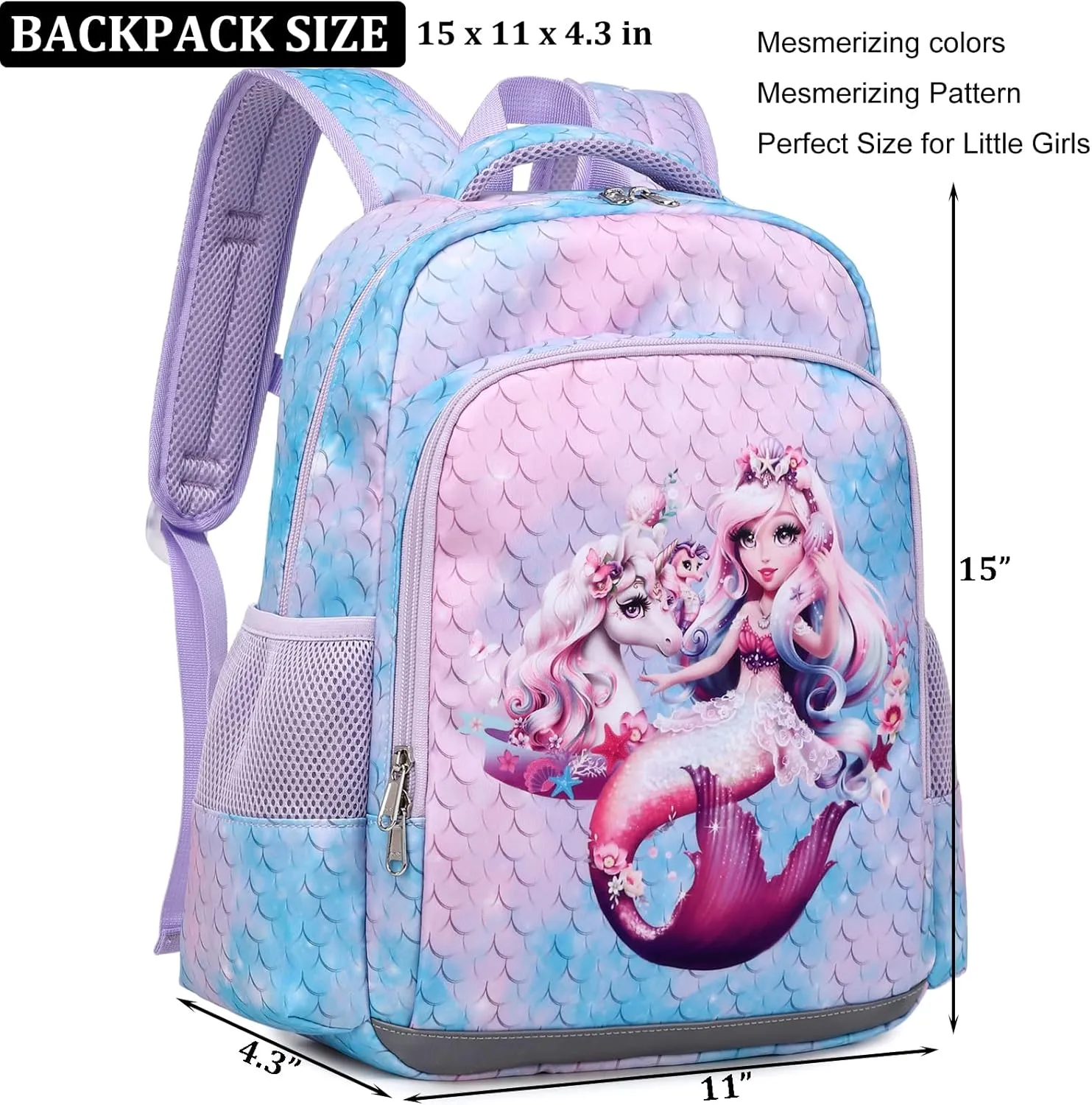 JIANYA Kids Backpack for School Girls, Mermaid School Bag for Kindergarten with Chest Strap, Preschool Elementary Kids Backpack with Lunch Box, Tie Dye Blue