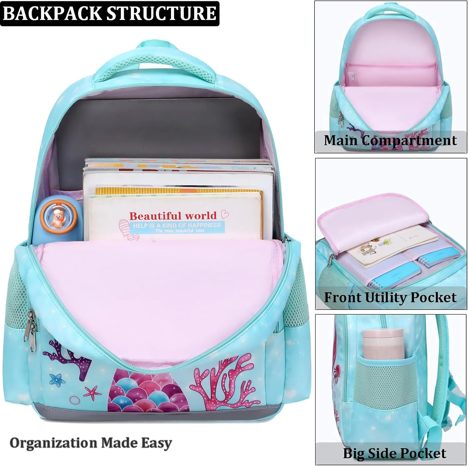 JIANYA Kids Backpack for School Girls, Mermaid School Bag for Kindergarten with Chest Strap, Preschool Elementary Kids Backpack with Lunch Box, Tie Dye Blue