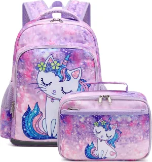 JIANYA Kids Backpack for School Girls Preschool Kindergarten Backpack with Lunch Box & Chest Strap, 15" Tall