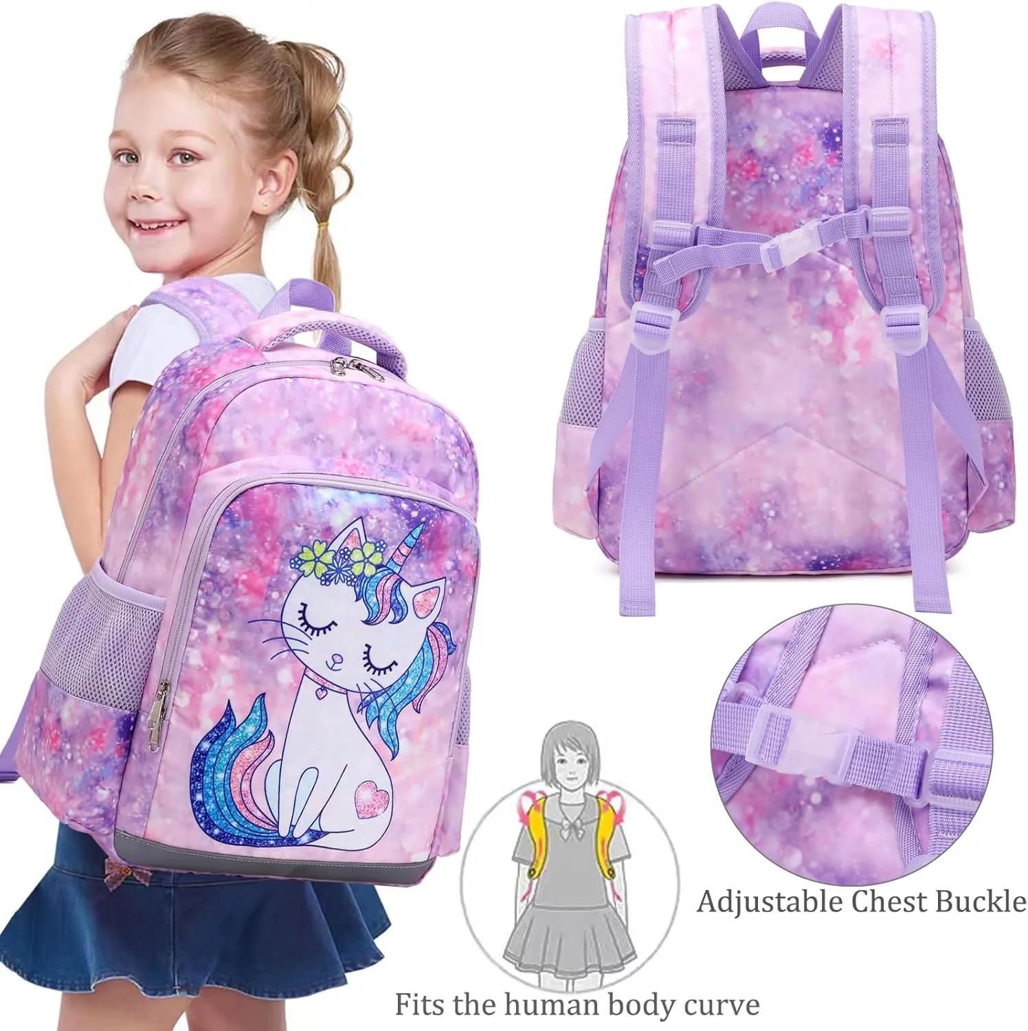JIANYA Kids Backpack for School Girls Preschool Kindergarten Backpack with Lunch Box & Chest Strap, 15" Tall
