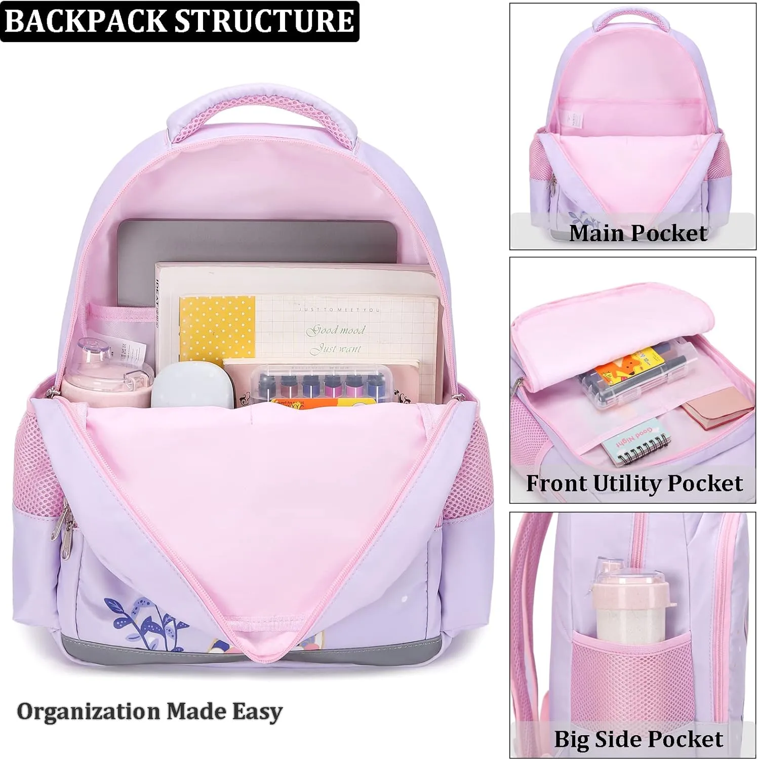 JIANYA Kids Backpack for School Girls Preschool Kindergarten Backpack with Lunch Box & Chest Strap, 15" Tall