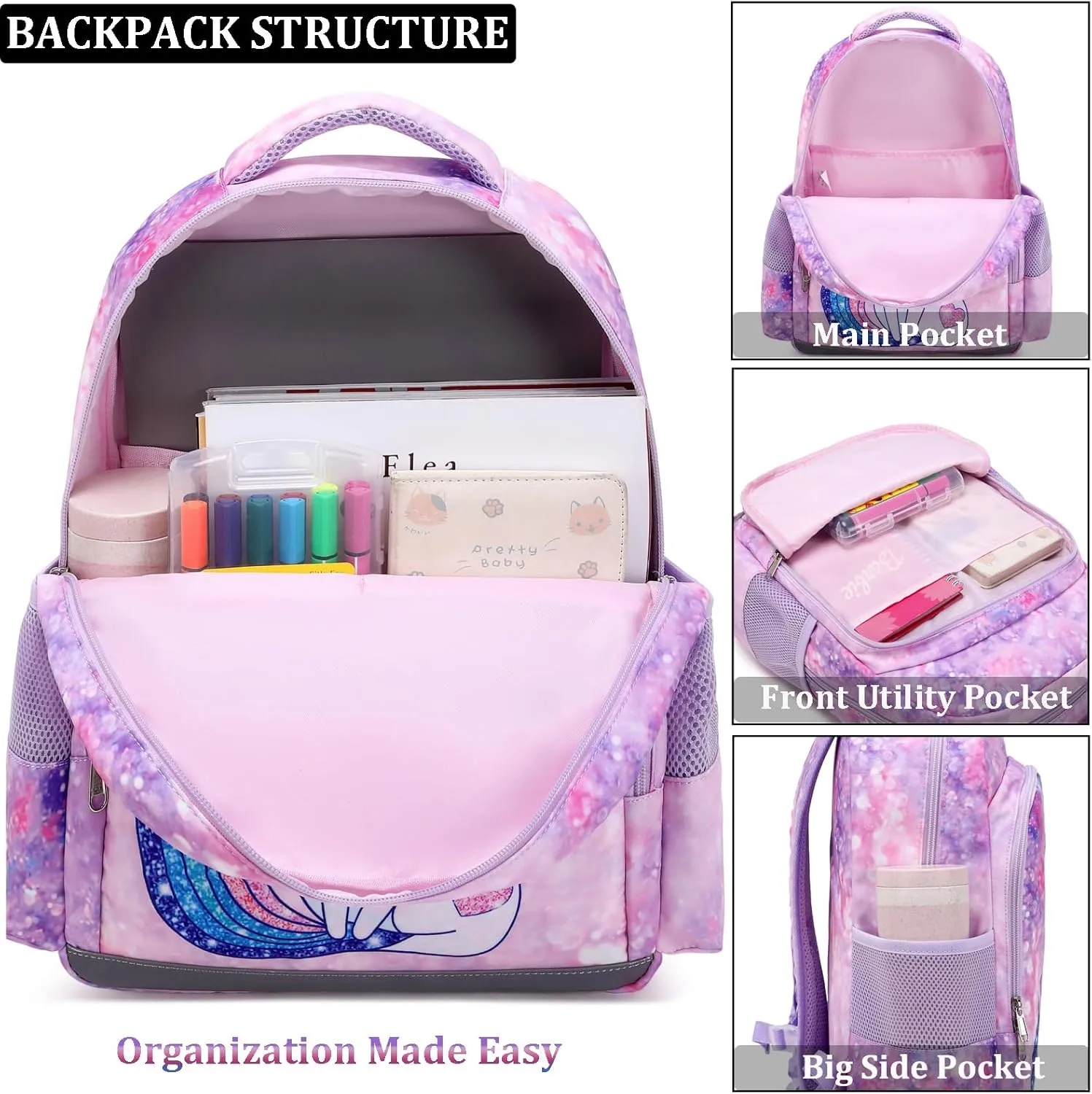 JIANYA Kids Backpack for School Girls Preschool Kindergarten Backpack with Lunch Box & Chest Strap, 15" Tall