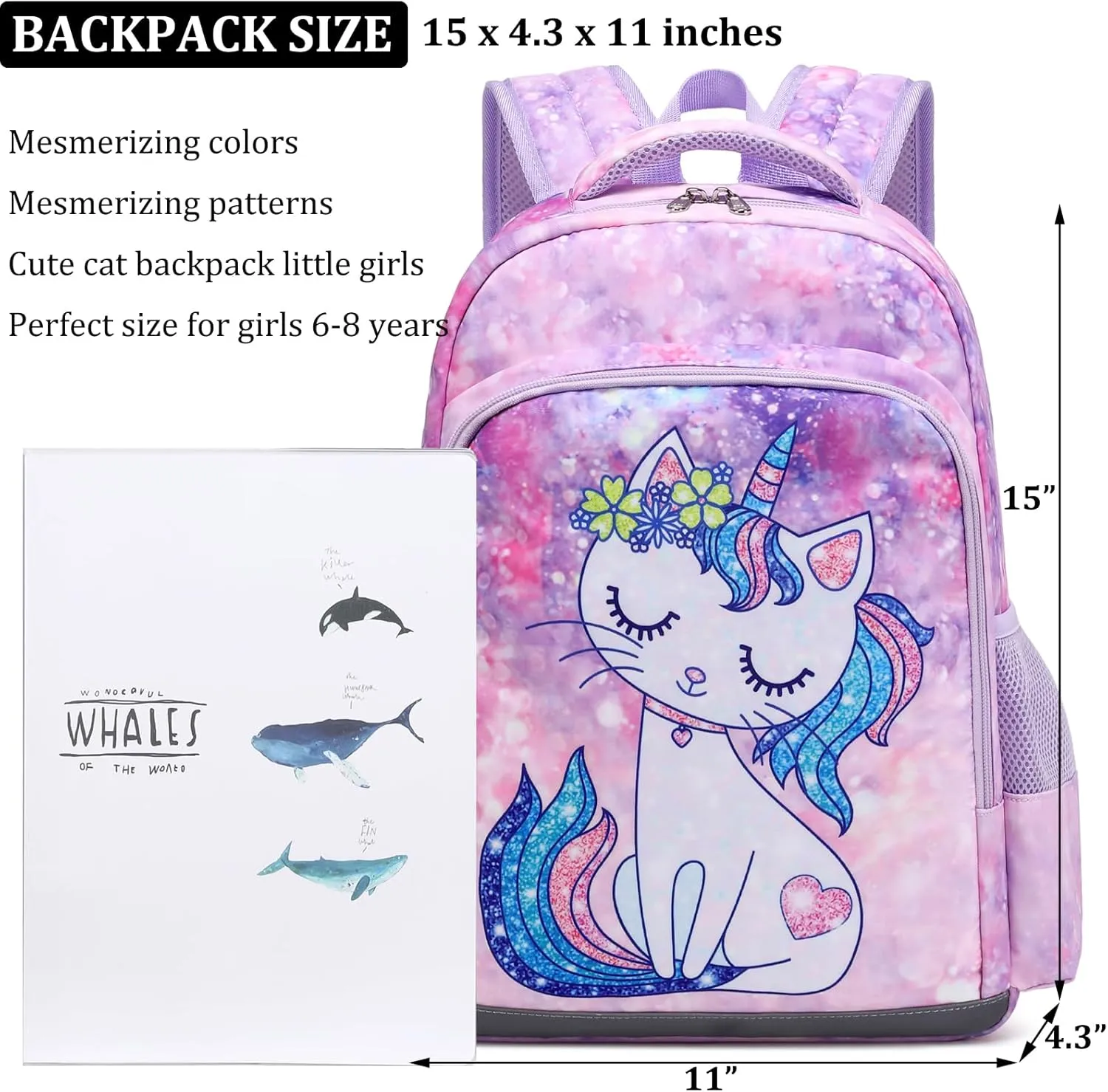 JIANYA Kids Backpack for School Girls Preschool Kindergarten Backpack with Lunch Box & Chest Strap, 15" Tall