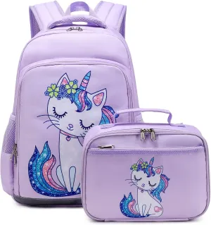 JIANYA Kids Backpack for School Girls Preschool Kindergarten Backpack with Lunch Box & Chest Strap, 15" Tall