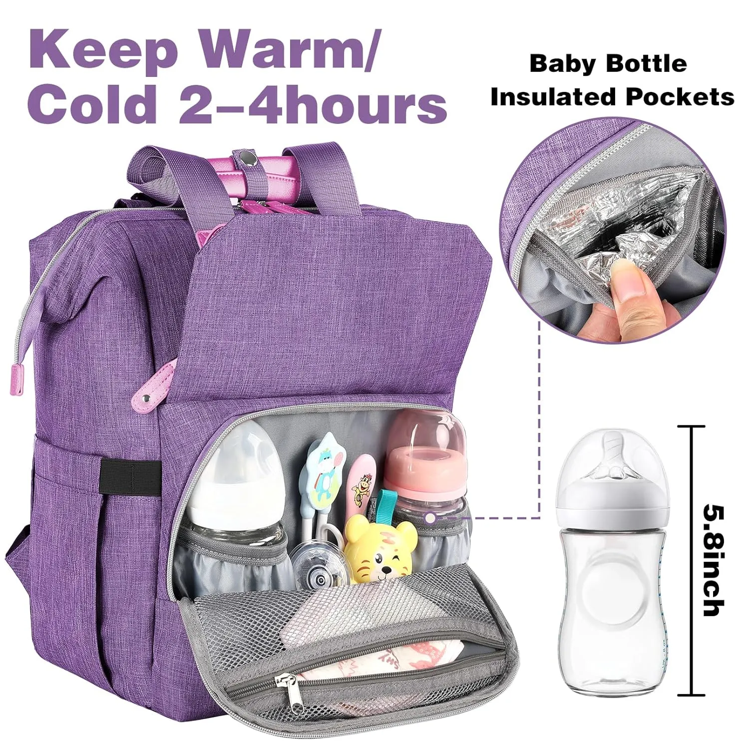 Jiefeike Diaper Bag Backpack,Purple baby bag for Mom Dad Girls Boys,15.6inch baby girl diaper bag with Insulated Pockets,USB Charging Port,RFID Anti-Theft Water-Resistant Pocket