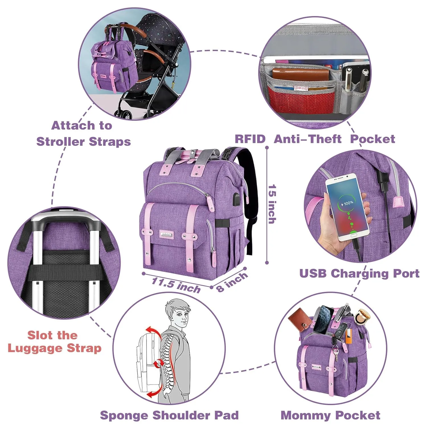 Jiefeike Diaper Bag Backpack,Purple baby bag for Mom Dad Girls Boys,15.6inch baby girl diaper bag with Insulated Pockets,USB Charging Port,RFID Anti-Theft Water-Resistant Pocket