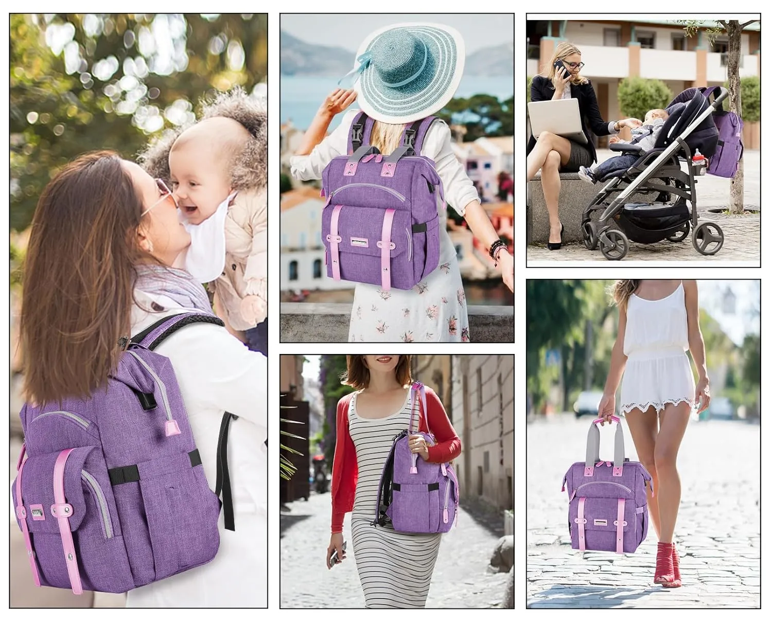 Jiefeike Diaper Bag Backpack,Purple baby bag for Mom Dad Girls Boys,15.6inch baby girl diaper bag with Insulated Pockets,USB Charging Port,RFID Anti-Theft Water-Resistant Pocket
