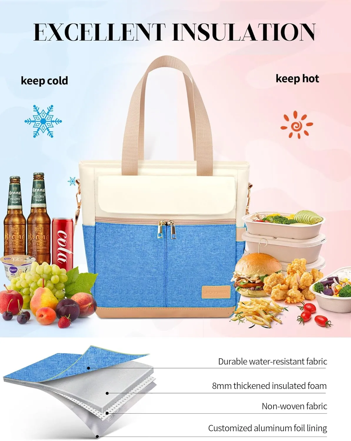 JOYHILL Lunch Bag for Women, Lunch Tote Leakproof Insulated Lunch Box with Shoulder Strap, Adult Reusable Lunch Cooler Tote Bags for Work Picnic Camping Beach (I-LIGHT BLUE)