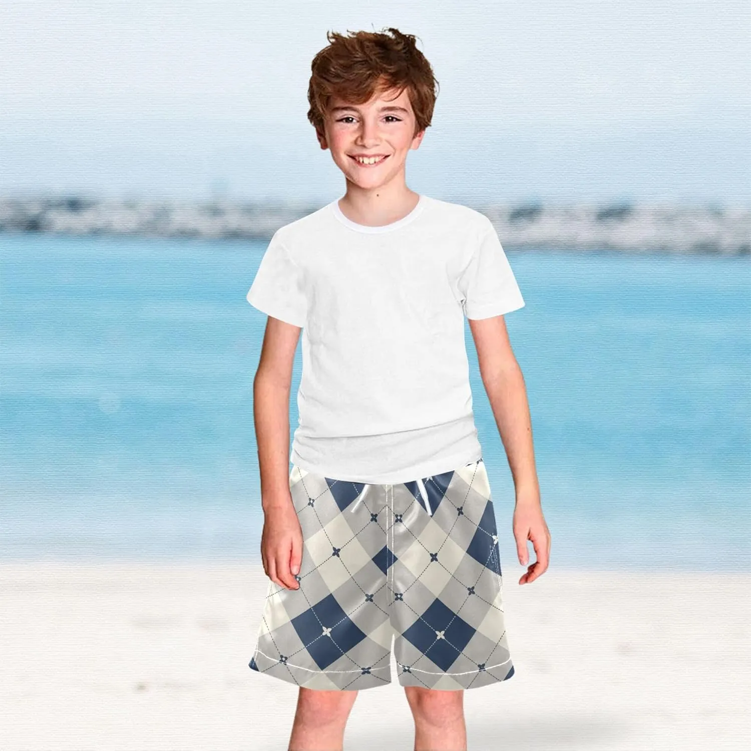 JUNZAN Abstract Geometric Graphic Stars Gray Boys Swim Shorts Elastic Kids Swimsuits Quick Dry Father Son Matching 2T