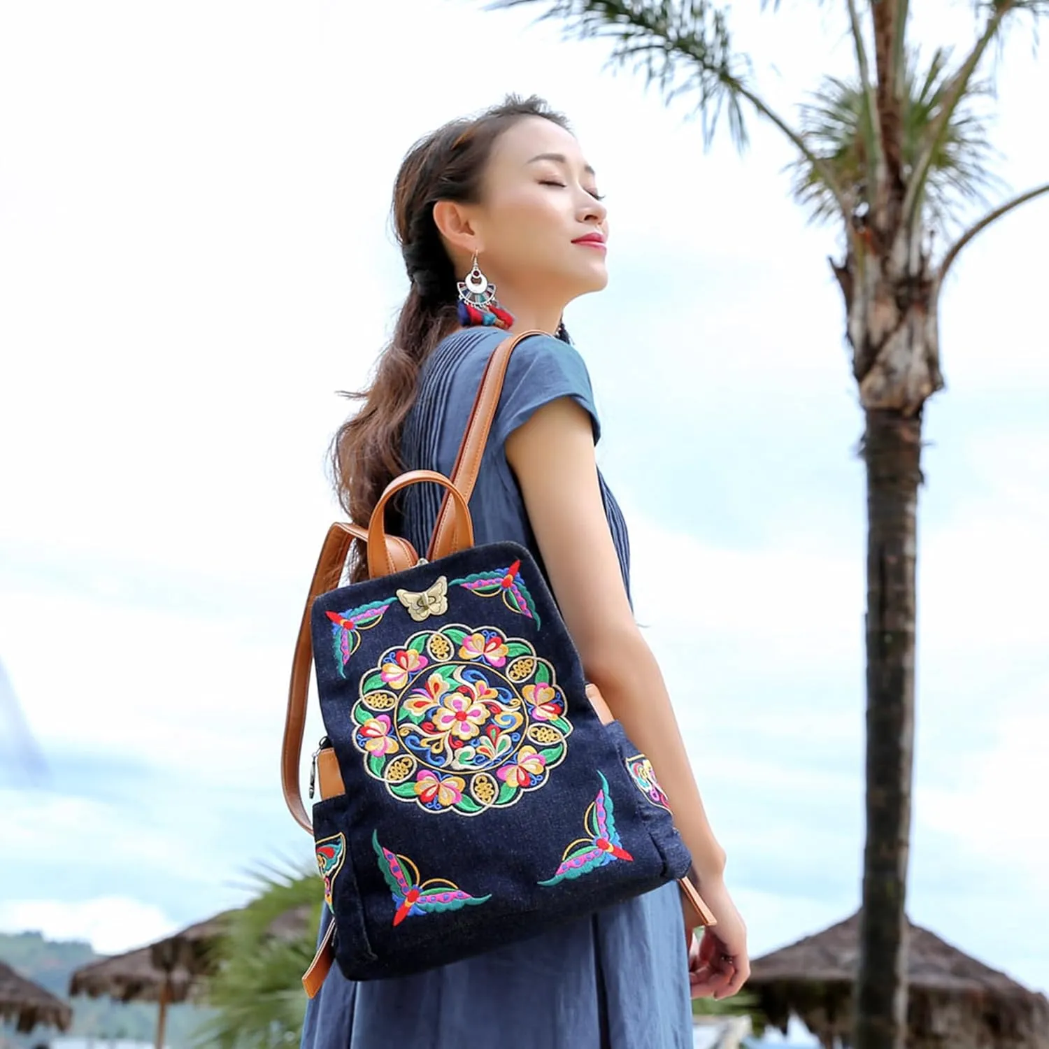 Jursccu Denim Embroidered Floral Canvas Backpacks for Women Anti theft Retro Jeans Travel Ethnic Style Shoulder Bag (Jean Navy Blue) one-size