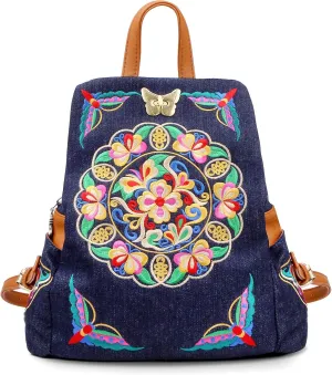 Jursccu Denim Embroidered Floral Canvas Backpacks for Women Anti theft Retro Jeans Travel Ethnic Style Shoulder Bag (Jean Navy Blue) one-size