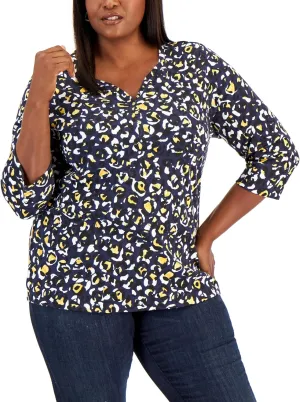 Karen S Plus Size Leopard Print Henley Top Intrepid Blue 0X