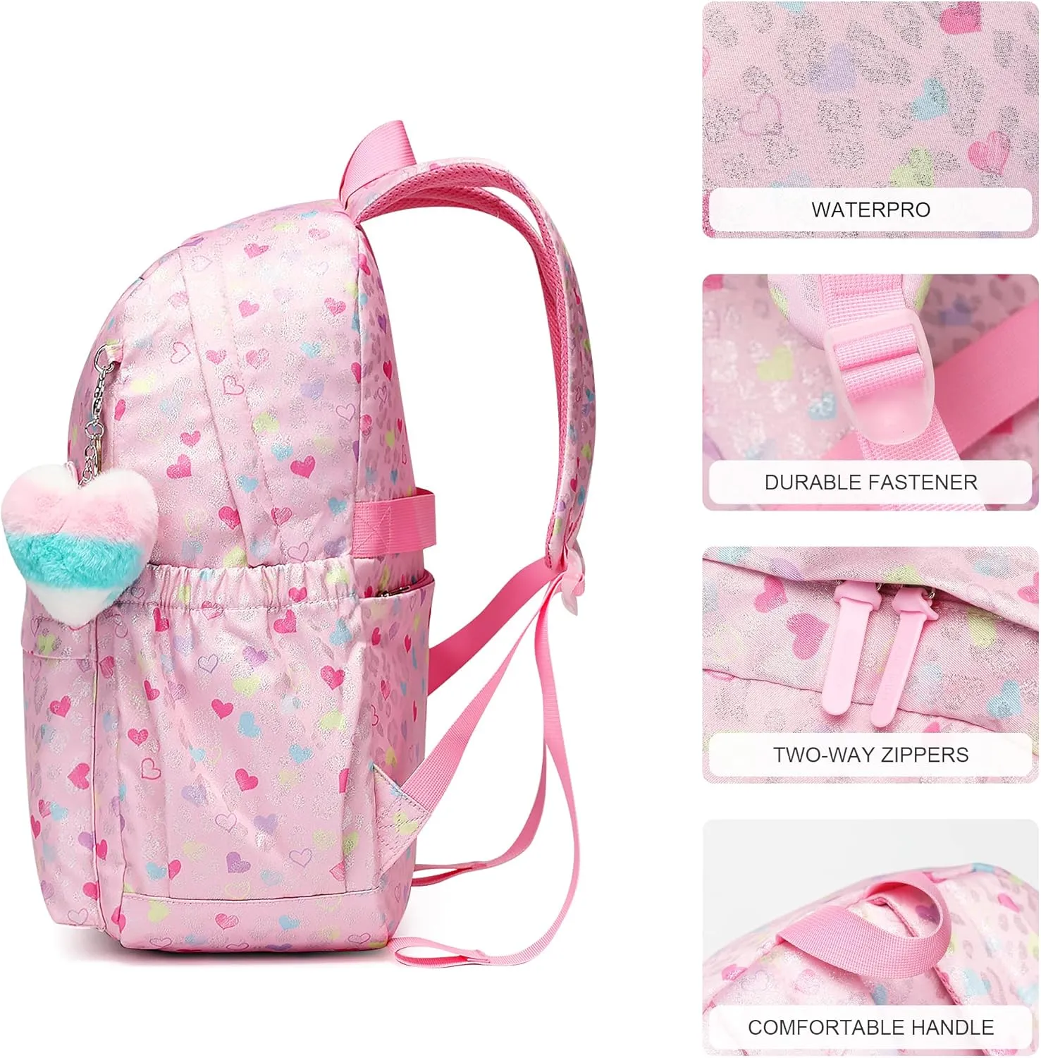 Kids Backpack Girls And Boys Pink Waterproof Large Space School Backpack Suitable for Age for Over 6 Years old Lightweight Travel Cat Ear Heart Keychain Toddler Backpack（Pink Heart）