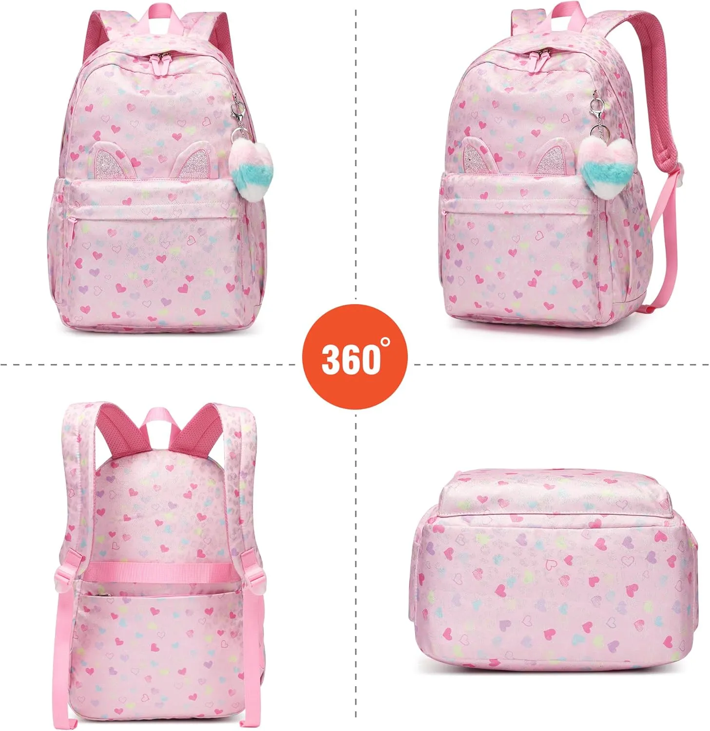 Kids Backpack Girls And Boys Pink Waterproof Large Space School Backpack Suitable for Age for Over 6 Years old Lightweight Travel Cat Ear Heart Keychain Toddler Backpack（Pink Heart）