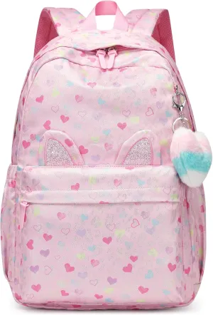 Kids Backpack Girls And Boys Pink Waterproof Large Space School Backpack Suitable for Age for Over 6 Years old Lightweight Travel Cat Ear Heart Keychain Toddler Backpack（Pink Heart）