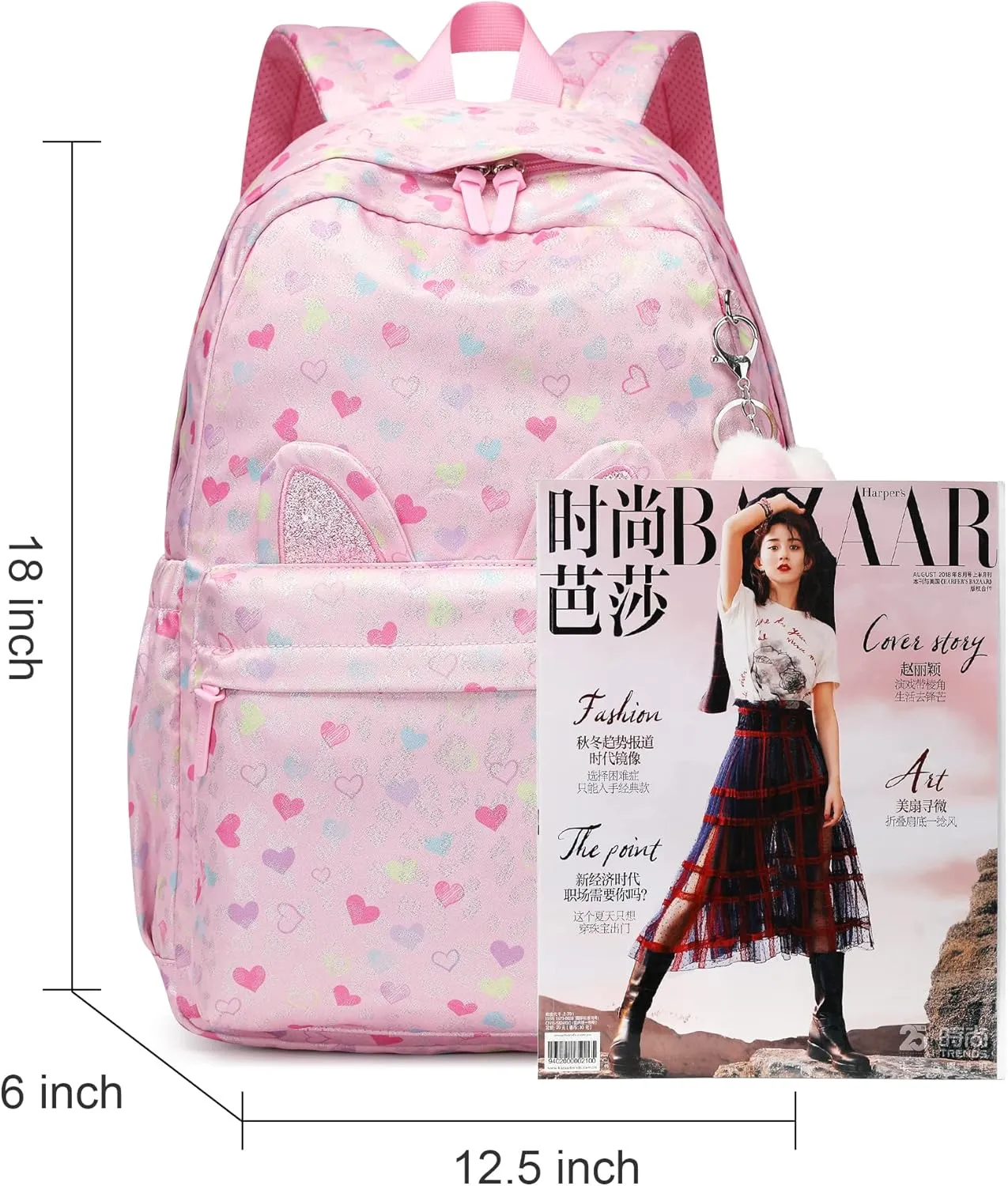 Kids Backpack Girls And Boys Pink Waterproof Large Space School Backpack Suitable for Age for Over 6 Years old Lightweight Travel Cat Ear Heart Keychain Toddler Backpack（Pink Heart）