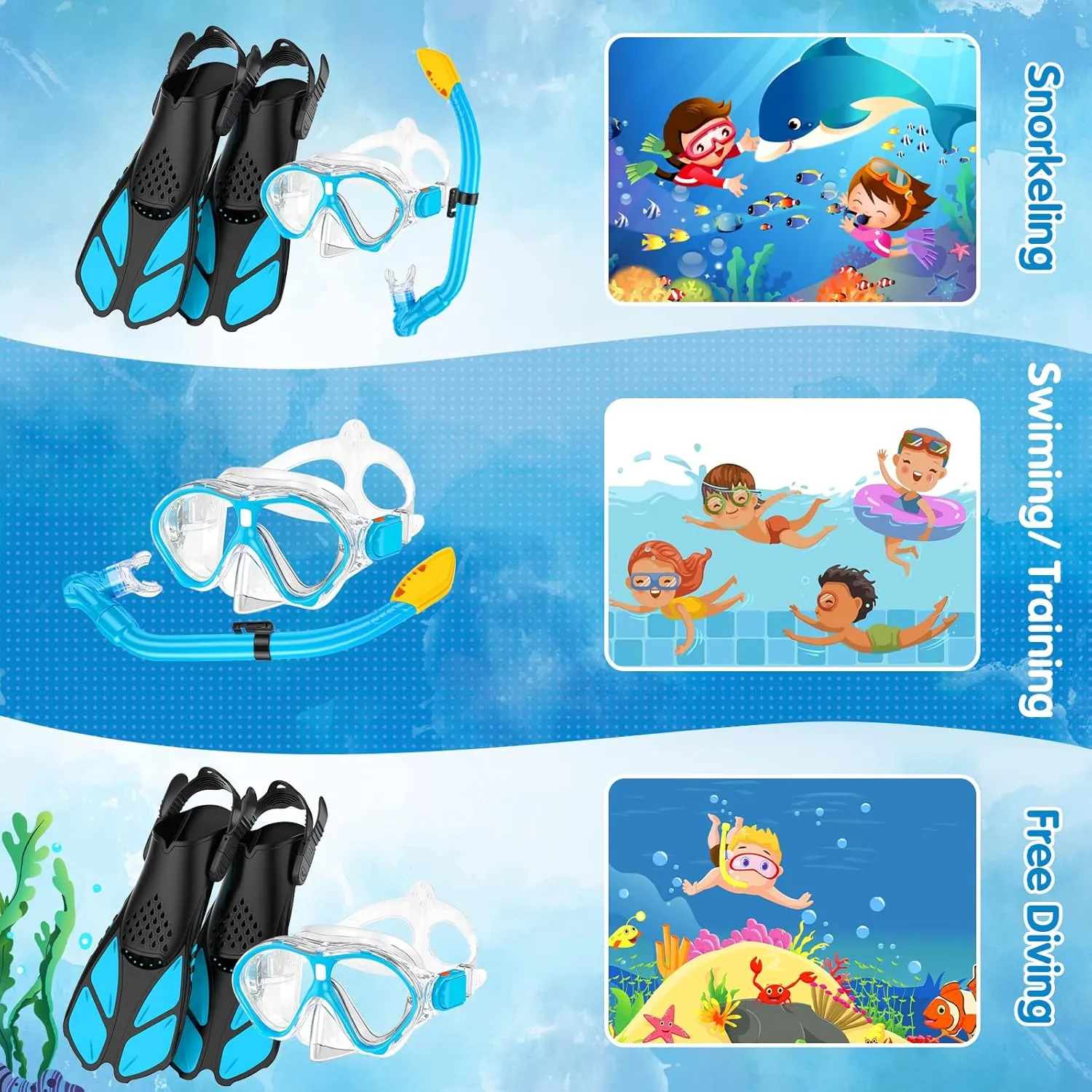 Kids Snorkel Set, Mask Fins Snorkeling Gear for Kids Anti-Fog Swim Goggles 180 Panoramic View Dry Top Snorkel and Dive Flippers Combo with Travel Bag for Snorkeling Training Swimming Diving