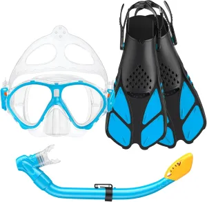 Kids Snorkel Set, Mask Fins Snorkeling Gear for Kids Anti-Fog Swim Goggles 180 Panoramic View Dry Top Snorkel and Dive Flippers Combo with Travel Bag for Snorkeling Training Swimming Diving