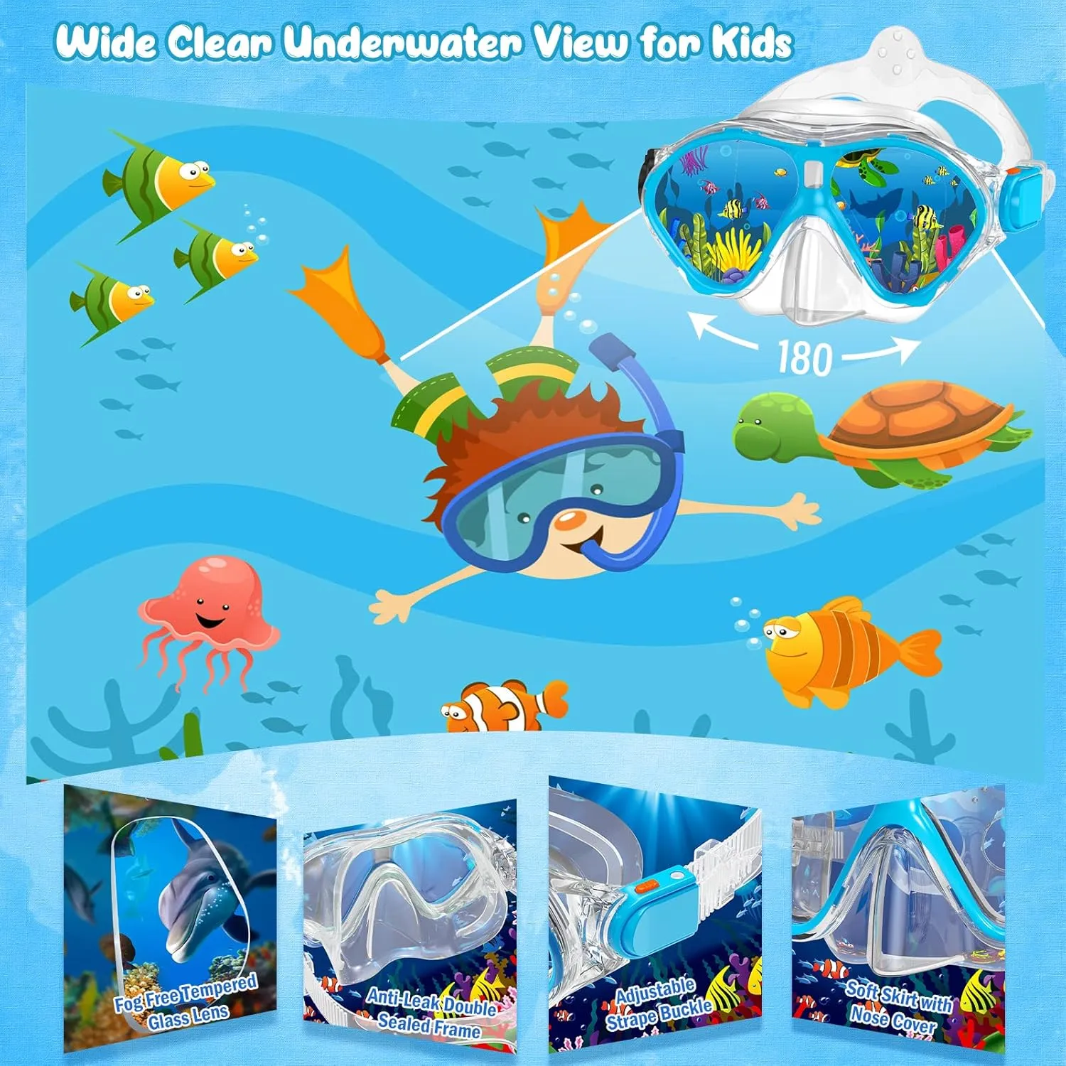Kids Snorkel Set, Mask Fins Snorkeling Gear for Kids Anti-Fog Swim Goggles 180 Panoramic View Dry Top Snorkel and Dive Flippers Combo with Travel Bag for Snorkeling Training Swimming Diving