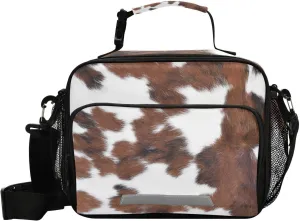 Kigai Reusable Lunch Bag White Brown Print Cow Insulated Lunch Box Cooler Tote Removable Shoulder Strap Meal Picnic Bags for Outdoor Travel Office Work