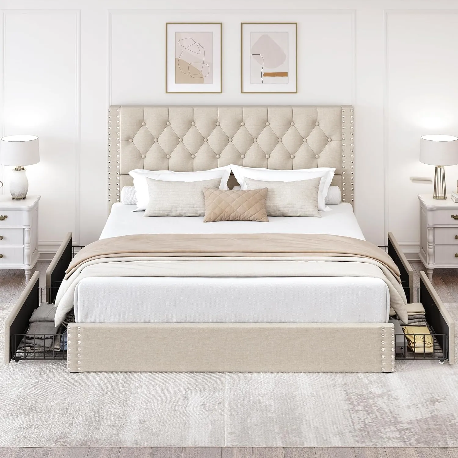 King Size Bed Frame with 4 Storage Drawers and Tufted Headboard Linen Upholstered Platform Bed Frame with Heavy Duty Wood Slats, No Box Spring Needed, Easy Assembly, Beige