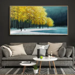 KLAKLA Large Wall Art - Yellow Bedroom Birch Tree Valley Snowy Forest Wild Lakes Landscape Canvas Pictures Wall Decoration for Living Room Office Home Decor - 48x24 Inches