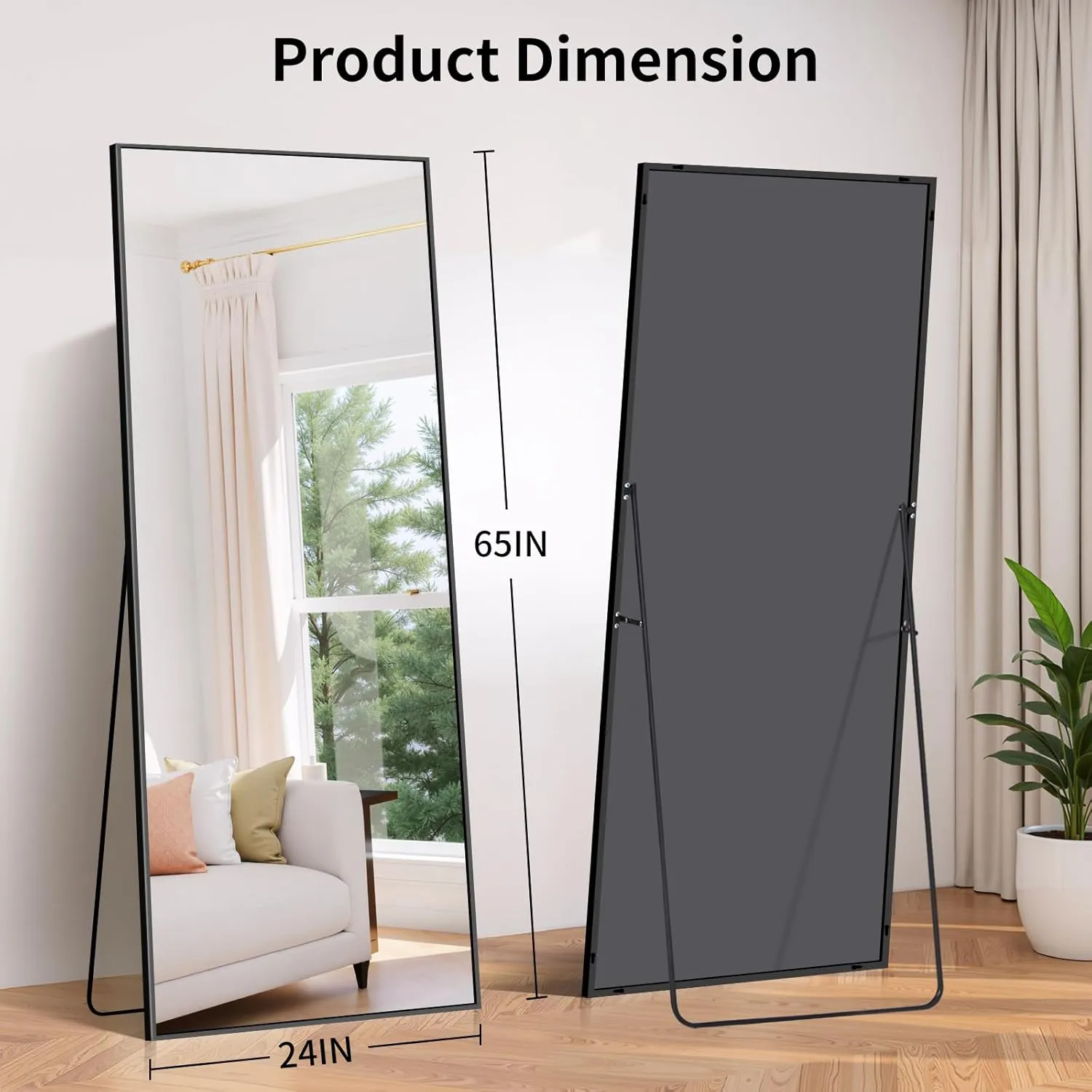 Koonmi Black 65"x24" Floor Mirror, Full Body Mirror with Stand, Full Length Mirror Wall Mirror Hanging or Leaning for Bedroom, Dressing Room, Living Room