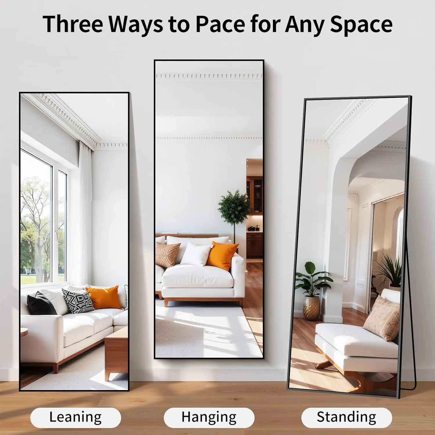 Koonmi Black 65"x24" Floor Mirror, Full Body Mirror with Stand, Full Length Mirror Wall Mirror Hanging or Leaning for Bedroom, Dressing Room, Living Room