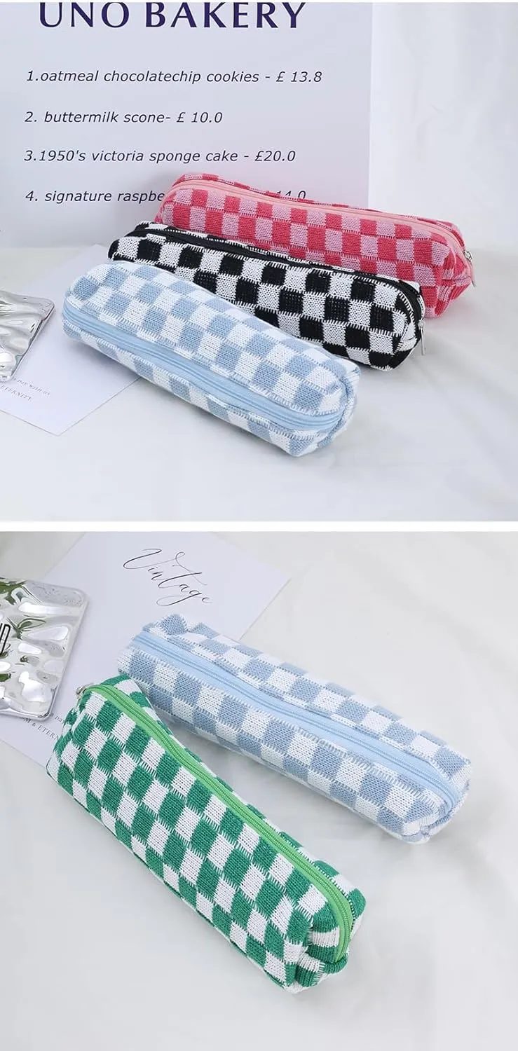 KOTORA 3 Pieces Makeup Bag Large Small Checkered Cosmetic Bag Capacity Canvas Travel Toiletry Bag Organizer Cute Makeup Brushes Aesthetic Accessories Storage Bag for Women (Blue)