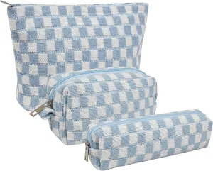 KOTORA 3 Pieces Makeup Bag Large Small Checkered Cosmetic Bag Capacity Canvas Travel Toiletry Bag Organizer Cute Makeup Brushes Aesthetic Accessories Storage Bag for Women (Blue)