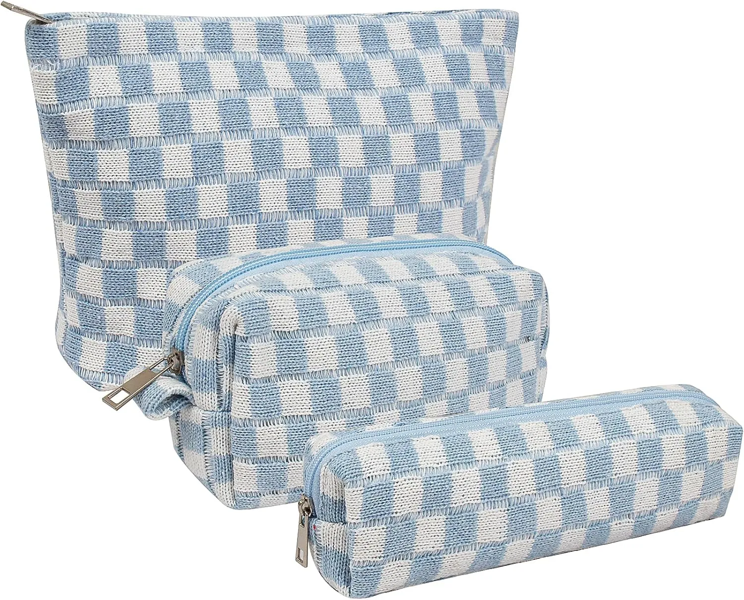 KOTORA 3 Pieces Makeup Bag Large Small Checkered Cosmetic Bag Capacity Canvas Travel Toiletry Bag Organizer Cute Makeup Brushes Aesthetic Accessories Storage Bag for Women (Blue)