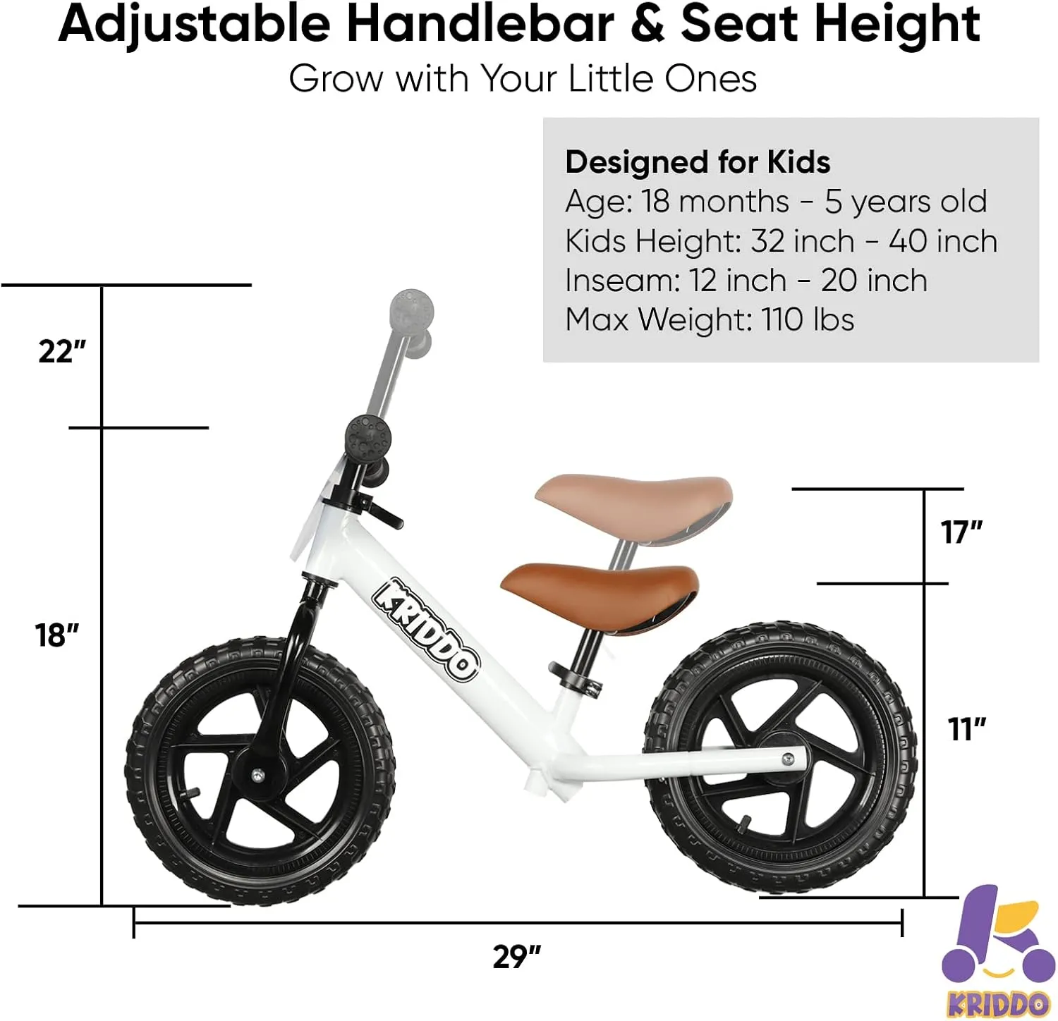 KRIDDO Toddler Balance Bike 2 Year Old, Age 24 Months to 5 Years Old, 12 Inch Push Bicycle with Customize Plate (3 Sets of Stickers Included), Steady Balancing, Gift Bike for 2-3 Boys Girls