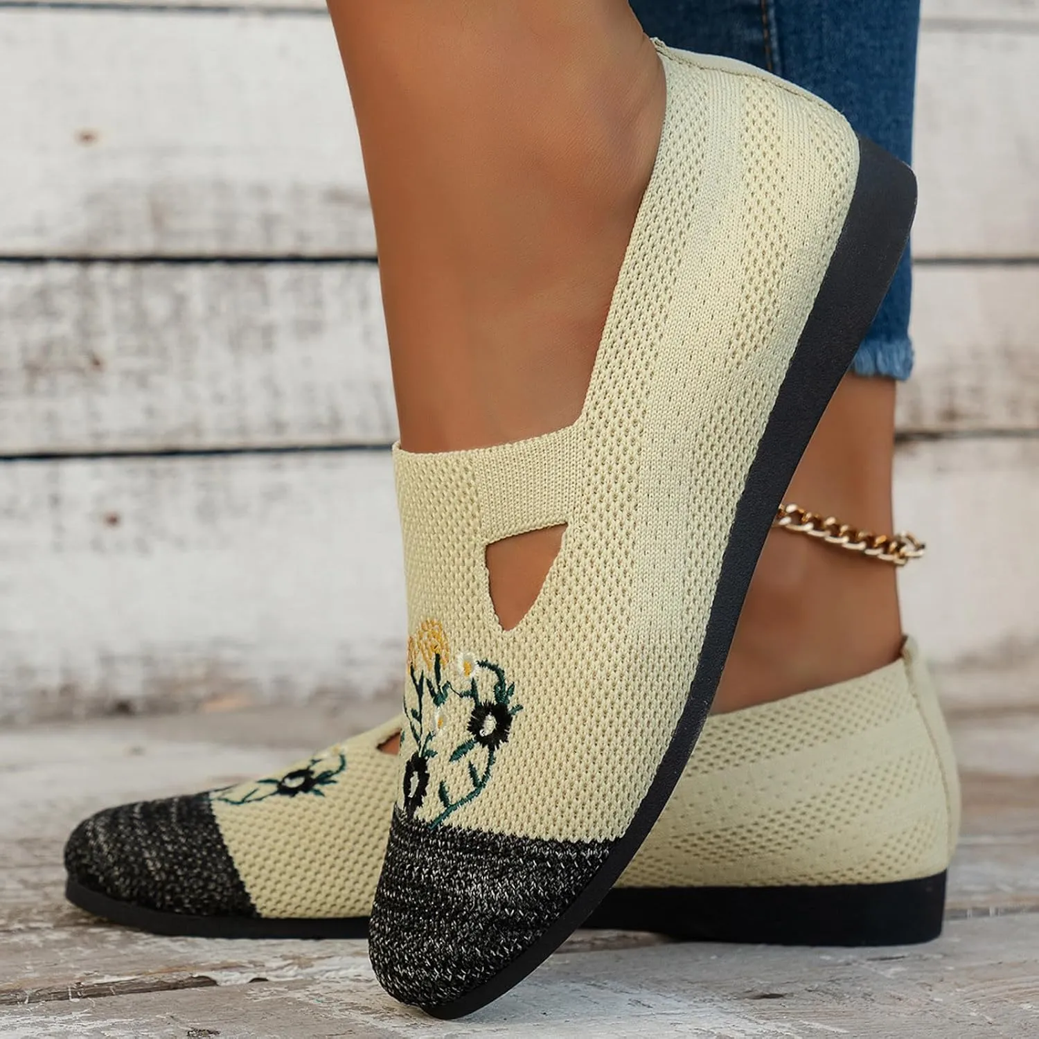 Ladies Fashion Breathable Mesh Knitted Flower Embroidery Flat Bottom Casual Womens Fashion Casual Shoes Wedge Sneaker