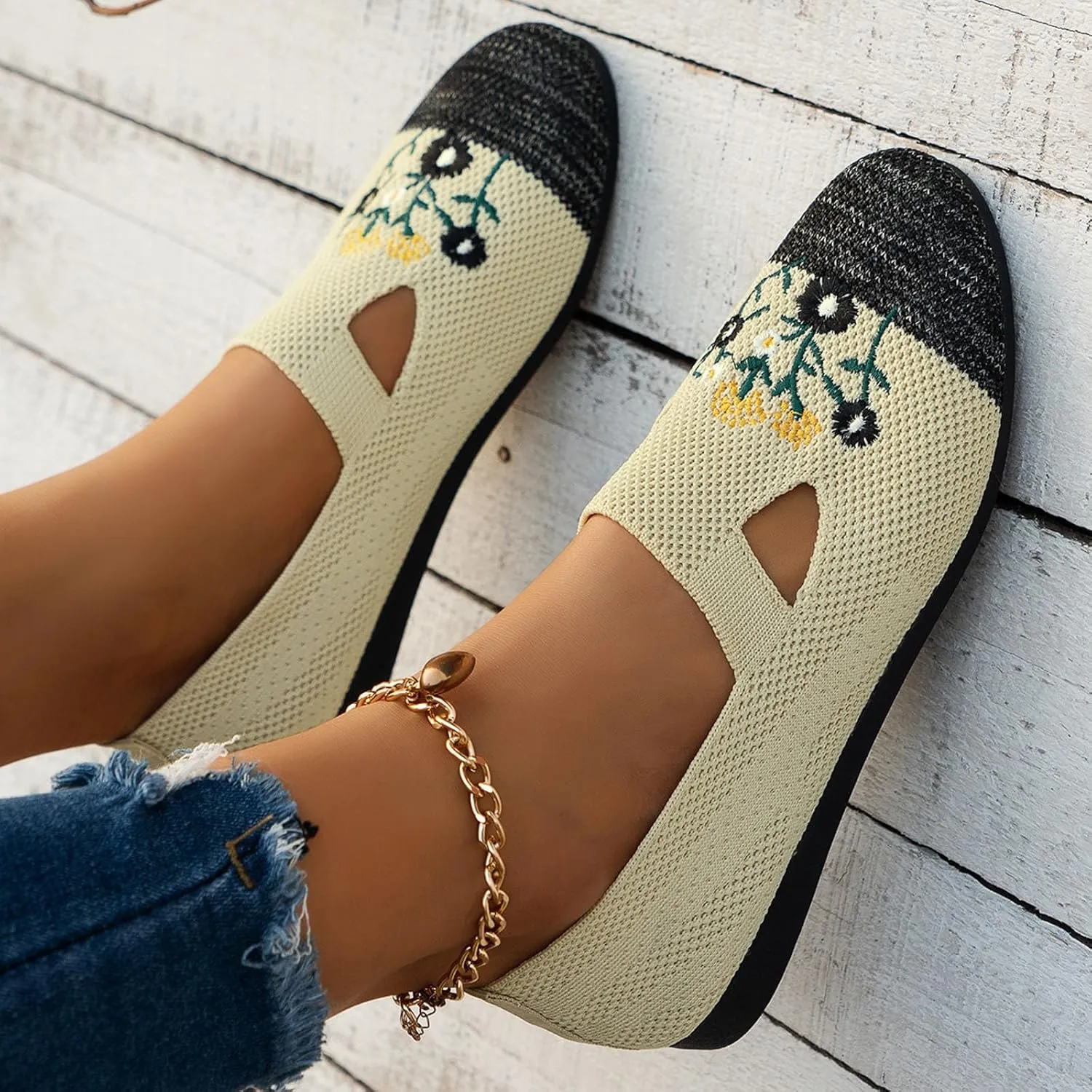 Ladies Fashion Breathable Mesh Knitted Flower Embroidery Flat Bottom Casual Womens Fashion Casual Shoes Wedge Sneaker