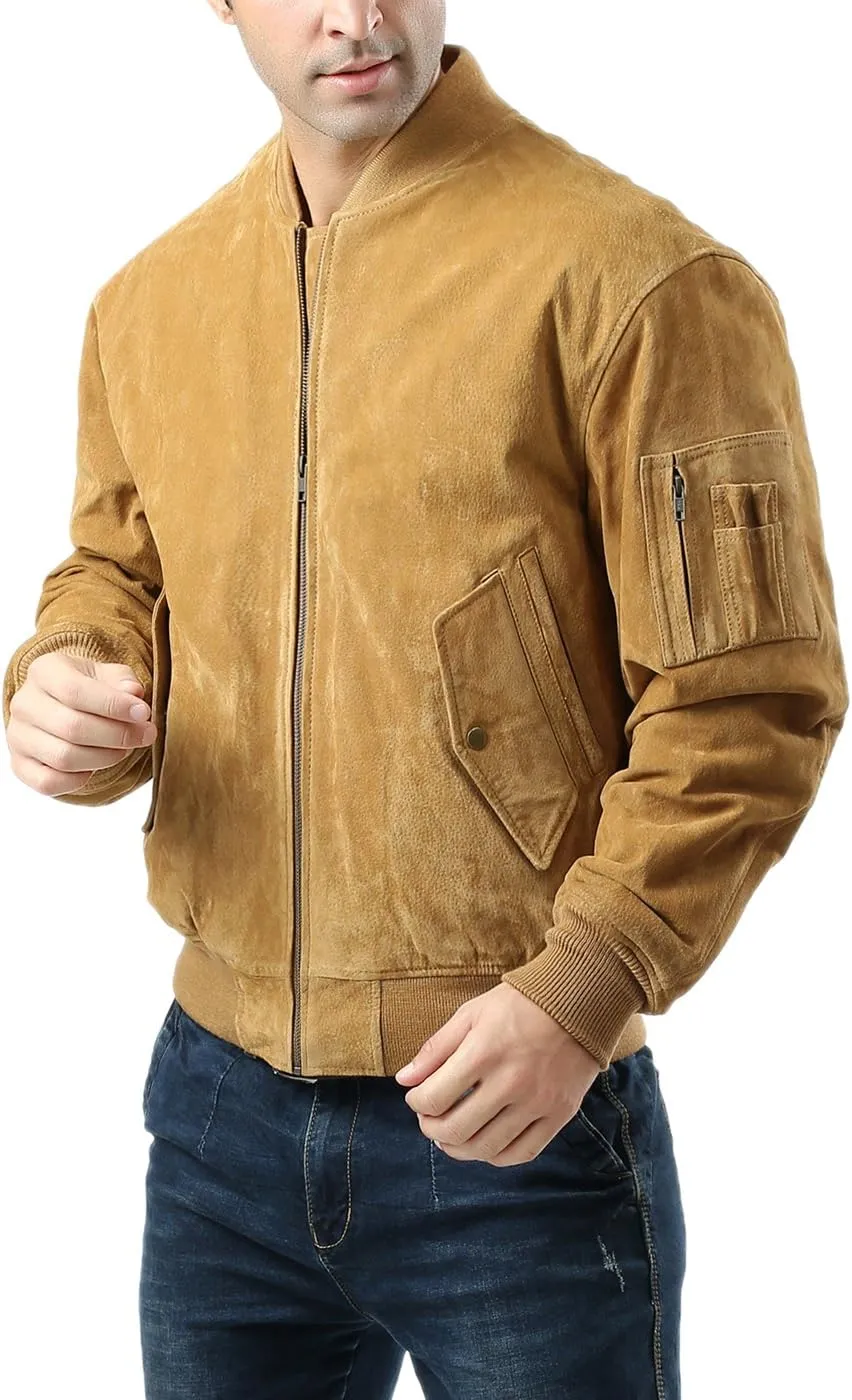 Landing Leathers Men MA-1 Suede Leather Flight Bomber Jacket (Also available in Big & Tall)