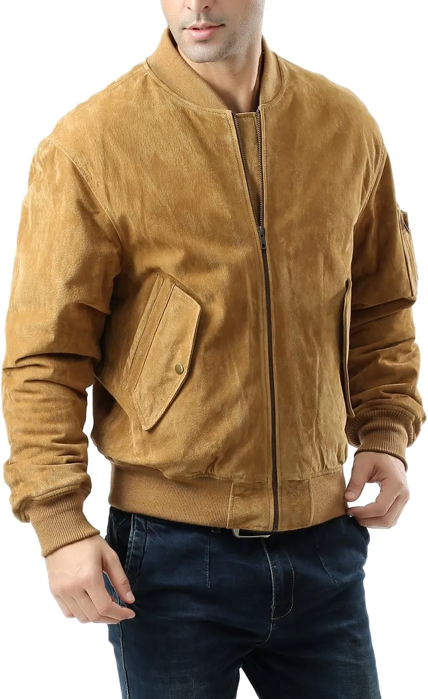 Landing Leathers Men MA-1 Suede Leather Flight Bomber Jacket (Also available in Big & Tall)