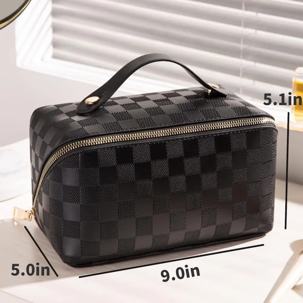 Large Capacity Checkered Makeup Bags Portable Travel Cosmetic Bags Open-Flat Toiletry Waterproof Bag for Women Gift Make up Organizer with Divider and Handle Pouch Zipper Bag (black-checkered)
