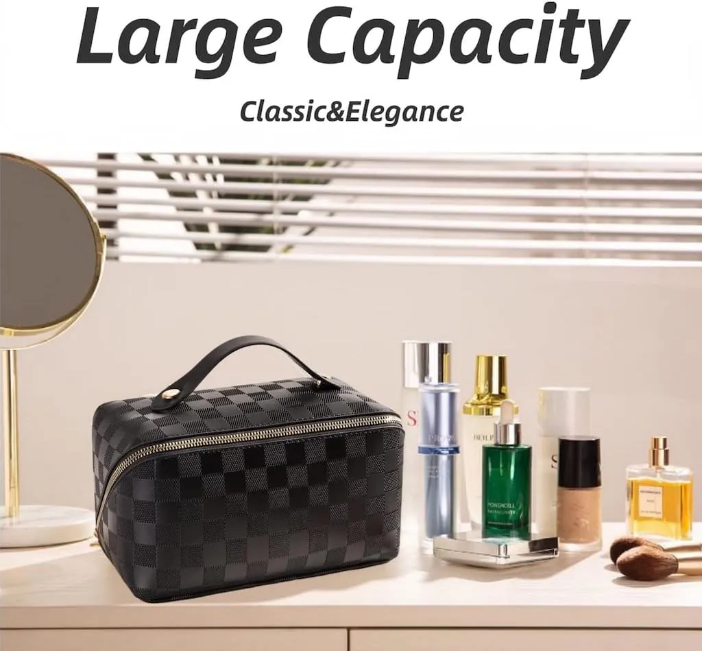 Large Capacity Checkered Makeup Bags Portable Travel Cosmetic Bags Open-Flat Toiletry Waterproof Bag for Women Gift Make up Organizer with Divider and Handle Pouch Zipper Bag (black-checkered)