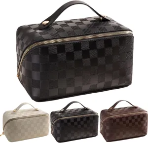 Large Capacity Checkered Makeup Bags Portable Travel Cosmetic Bags Open-Flat Toiletry Waterproof Bag for Women Gift Make up Organizer with Divider and Handle Pouch Zipper Bag (black-checkered)