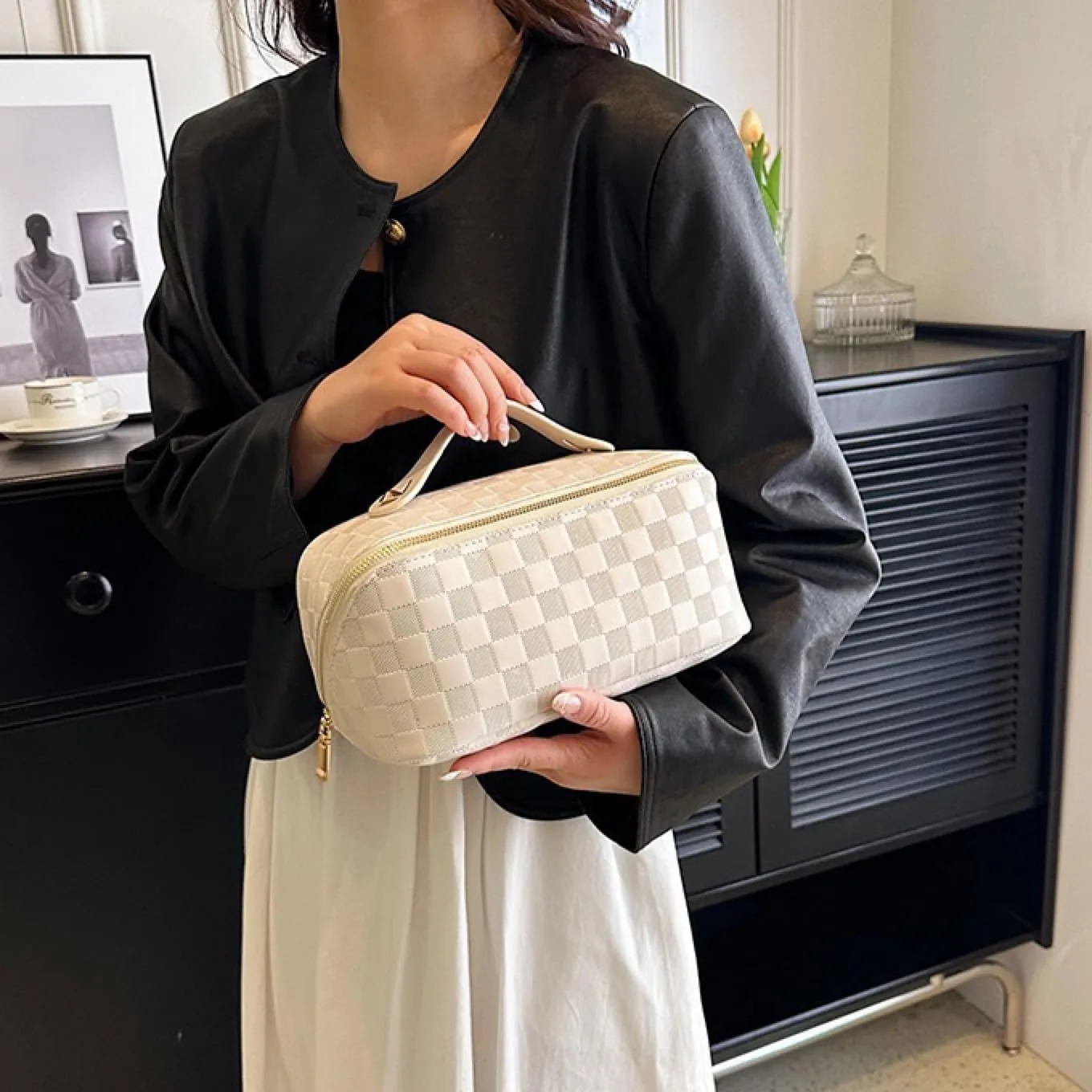 Large Capacity Checkered Makeup Bags Portable Travel Cosmetic Bags Open-Flat Toiletry Waterproof Bag for Women Make up Organizer with Divider and Handle Pouch Zipper Bag (A-White)
