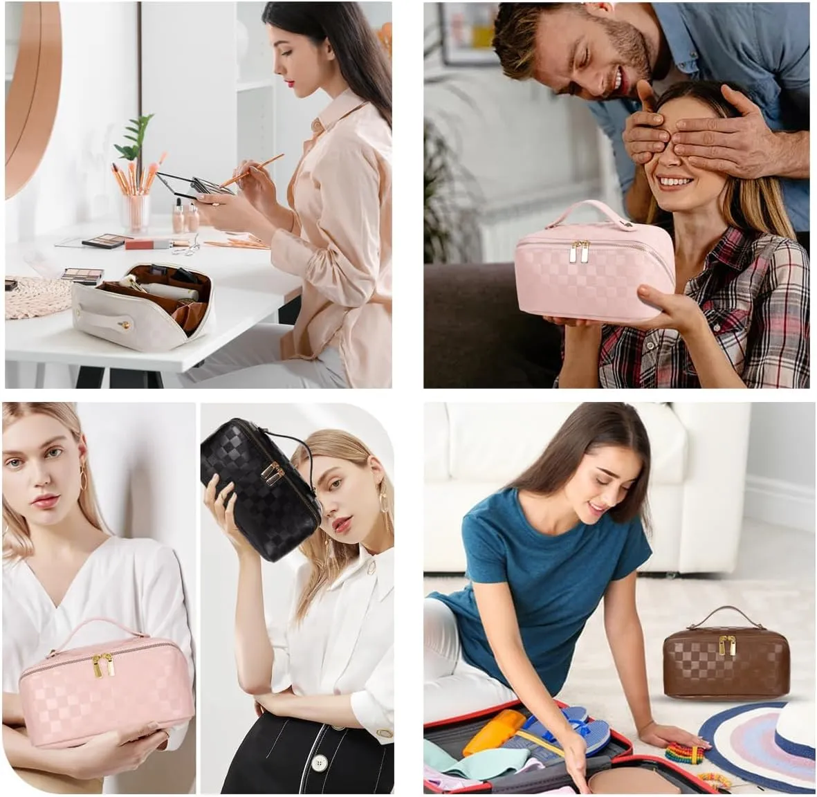 Large Capacity Checkered Makeup Bags Portable Travel Cosmetic Bags Open-Flat Toiletry Waterproof Bag for Women Make up Organizer with Divider and Handle Pouch Zipper Bag (A-White)