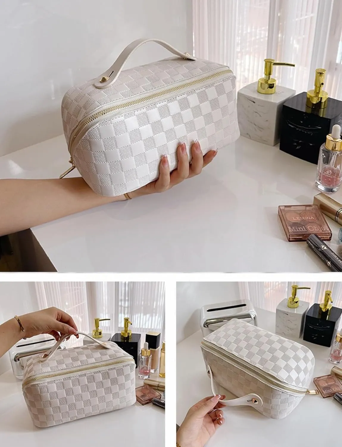 Large Capacity Checkered Makeup Bags Portable Travel Cosmetic Bags Open-Flat Toiletry Waterproof Bag for Women Make up Organizer with Divider and Handle Pouch Zipper Bag (A-White)