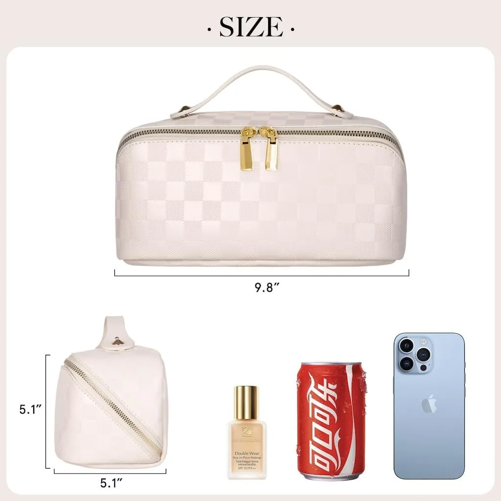 Large Capacity Checkered Makeup Bags Portable Travel Cosmetic Bags Open-Flat Toiletry Waterproof Bag for Women Make up Organizer with Divider and Handle Pouch Zipper Bag (A-White)