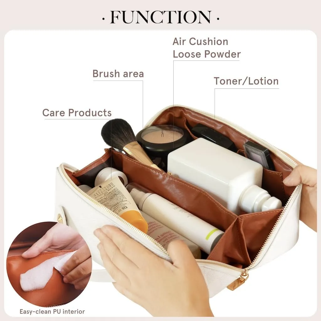 Large Capacity Checkered Makeup Bags Portable Travel Cosmetic Bags Open-Flat Toiletry Waterproof Bag for Women Make up Organizer with Divider and Handle Pouch Zipper Bag (A-White)