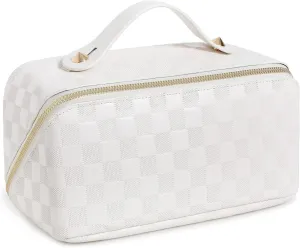 Large Capacity Checkered Makeup Bags Portable Travel Cosmetic Bags Open-Flat Toiletry Waterproof Bag for Women Make up Organizer with Divider and Handle Pouch Zipper Bag (A-White)