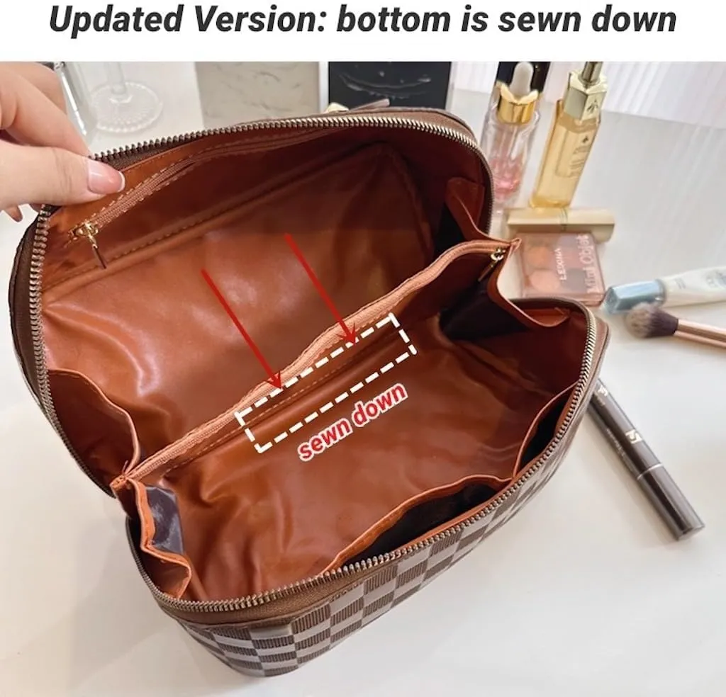 Large Capacity Checkered Makeup Bags Portable Travel Cosmetic Bags Open-Flat Toiletry Waterproof Bag for Women Make up Organizer with Divider and Handle Pouch Zipper Bag (A-White)