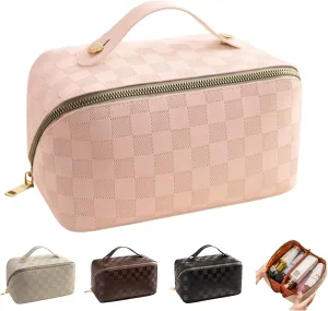 Large Capacity Travel Cosmetic Bag for Women - PU Leather Waterproof Multifunctional Makeup Organizer - Plaid Checkered Makeup Bag (Pink)