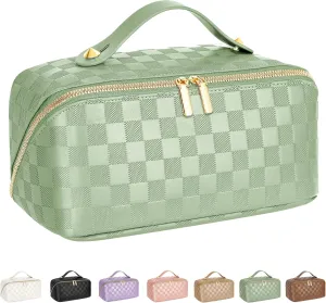 Large Capacity Travel Cosmetic Bag - Portable Makeup Bags for Women Waterproof PU Leather Checkered Makeup Organizer Bag with Dividers and Handle,Toiletry Bag for Cosmetics