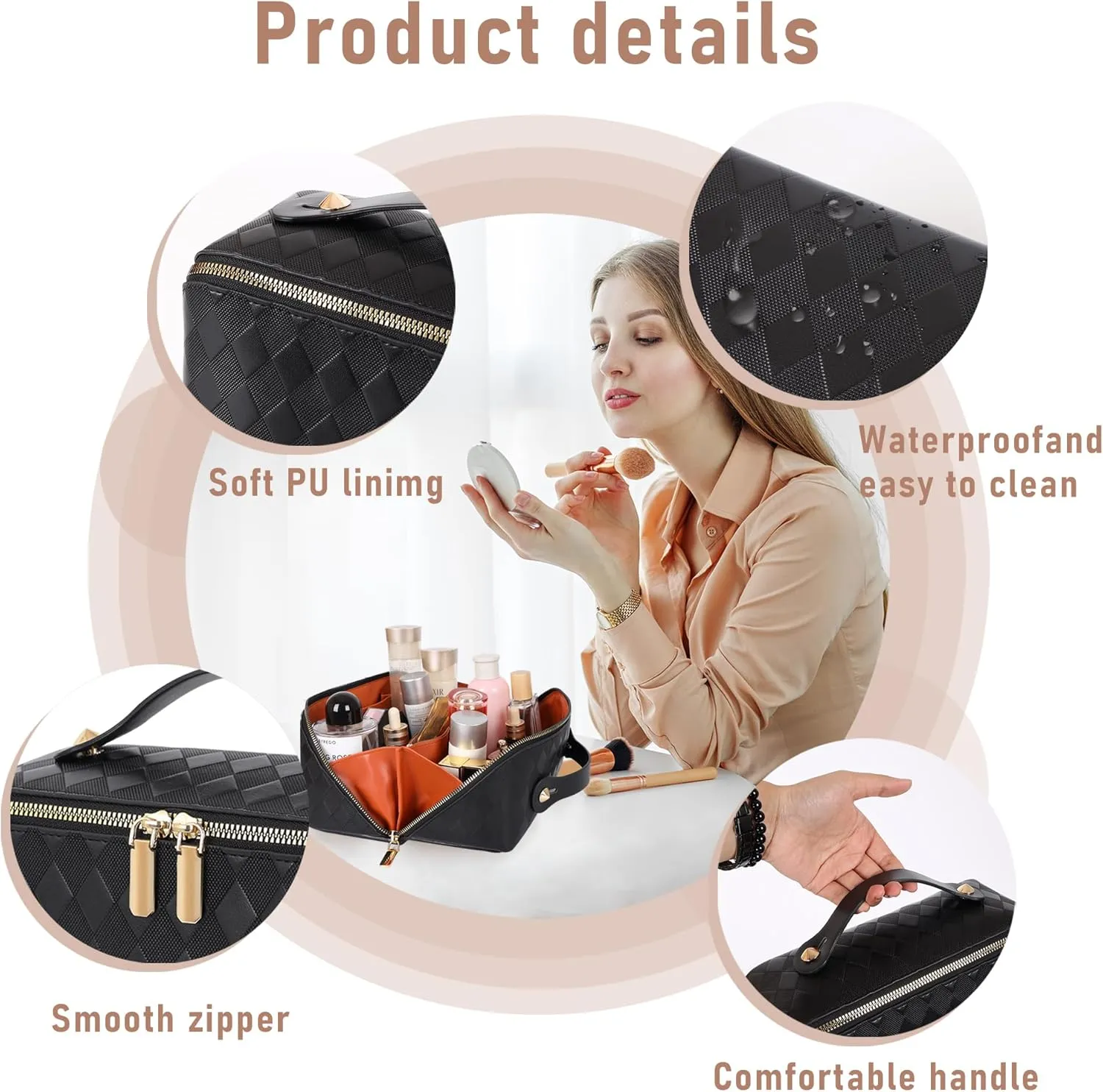 Large Capacity Travel Cosmetic Bag - Portable Makeup Bags for Women Waterproof PU Leather Checkered Makeup Organizer Bag with Dividers and Handle,Toiletry Bag for Cosmetics