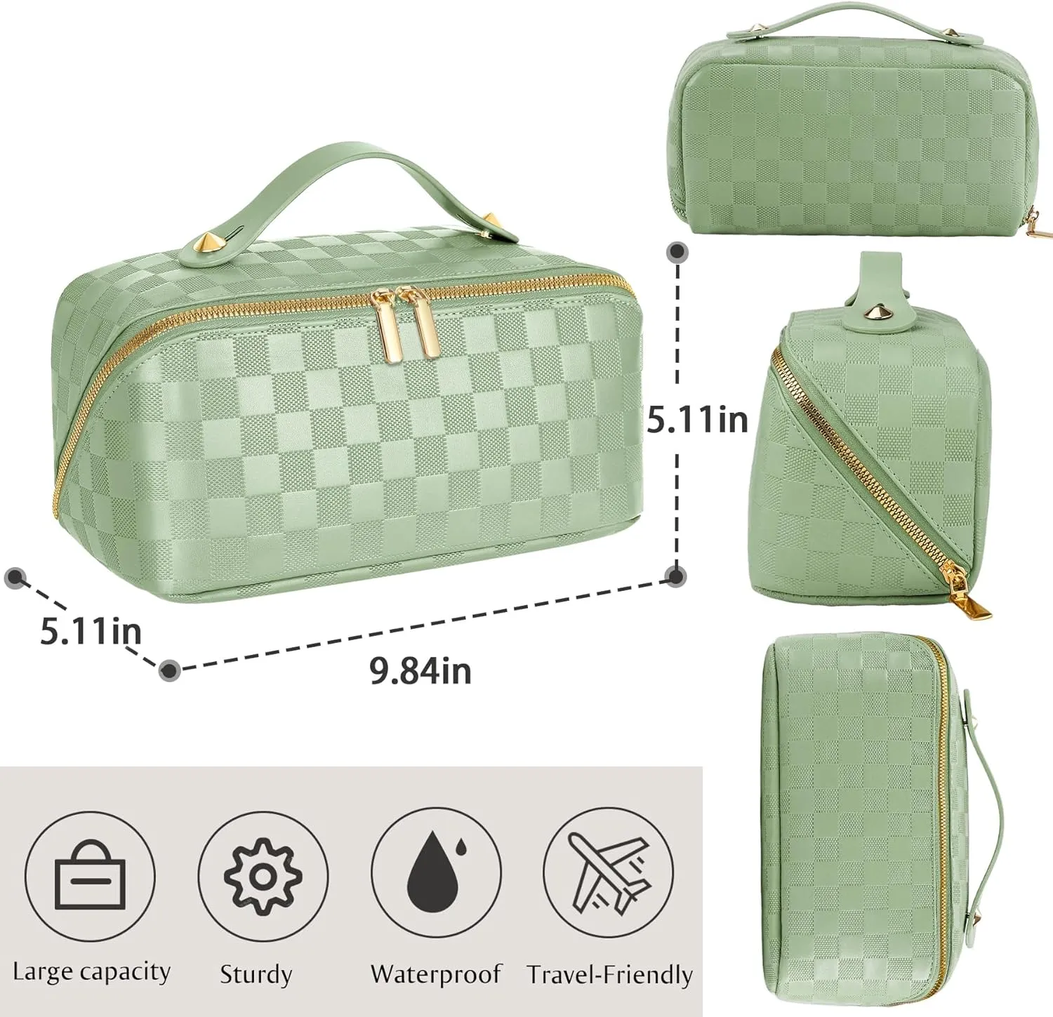 Large Capacity Travel Cosmetic Bag - Portable Makeup Bags for Women Waterproof PU Leather Checkered Makeup Organizer Bag with Dividers and Handle,Toiletry Bag for Cosmetics
